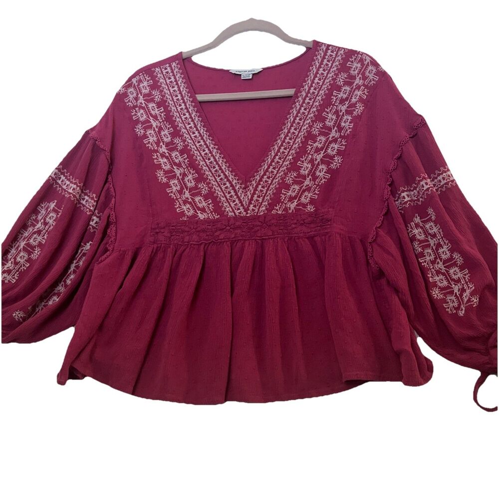 American Eagle Women's Boho Peasant Blouse Lace Embroidered Crochet Accents XL